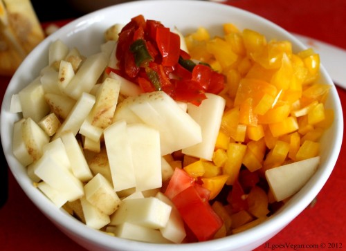 the veggies for JL Fields Anasazi Bean & Potato Chili on JL goes Vegan