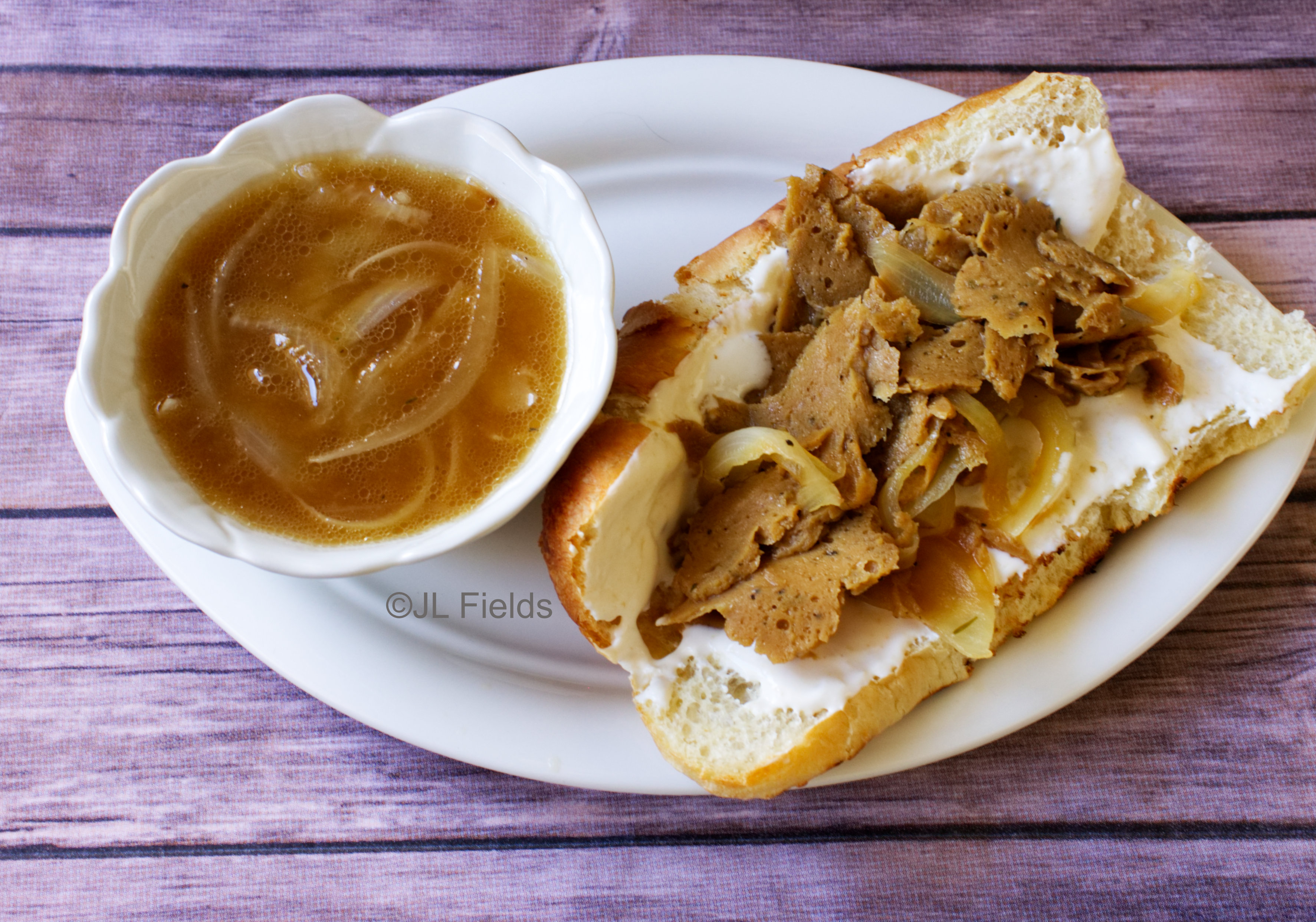 Vegan French Dip Sandwich with beef-style Au Jus