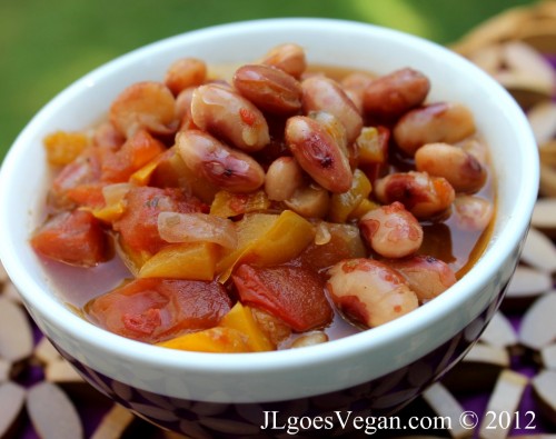 Bowl of JL Fields Anasazi Bean & Potato Chili on JL goes Vegan